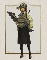 Rule 34 | 1girl, absurdres, ammunition pouch, assault rifle, black gloves, black hair, black skirt, bulletproof vest, bullpup, chainsaw man, dual wielding, fanny pack, gloves, gun, handgun, headset, helmet, highres, holding, holding knife, kenzarts1, knife, long hair, looking at viewer, magazine (weapon), night vision device, pouch, red eyes, rifle, scar, scar on face, school uniform, skirt, walkie-talkie, weapon, yoru (chainsaw man)