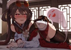 1girl 4tb_(4tera_byte) black_thighhighs blush brown_hair butterfly_ring dress eyewear_on_head feet flower-shaped_pupils genshin_impact ghost hair_between_eyes hair_rings hat highres hu_tao_(cherries_snow-laden)_(genshin_impact) hu_tao_(genshin_impact) jewelry long_hair long_sleeves looking_at_viewer lying official_alternate_costume on_side red-tinted_eyewear red_eyes red_nails red_skirt round_eyewear skirt smile solo sunglasses symbol-shaped_pupils thighhighs tinted_eyewear twintails white_hat yellow-framed_eyewear