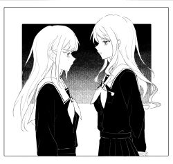 2girls arms_behind_back bang_dream! bang_dream!_it&#039;s_mygo!!!!! chinese_commentary closed_mouth commentary_request crimiko from_side greyscale highres long_hair long_sleeves looking_at_another monochrome multiple_girls nagasaki_soyo neckerchief parted_lips pleated_skirt profile sailor_collar school_uniform shirt skirt tears tsukinomori_school_uniform wakaba_mutsumi