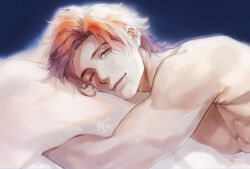 Rule 34 | 1boy, bed, blue background, closed mouth, commentary request, fire emblem, fire emblem: three houses, hair behind ear, highres, lying, male focus, nintendo, nude, on side, one eye closed, orange eyes, parted hair, pectorals, pillow, s3junk, sidepec, smile, solo, sylvain jose gautier, toned, toned male, upper body