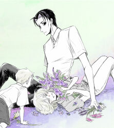 1girl 2boys asama_hirotaka black_hair bouquet business_casual child closed_eyes flower highres holding holding_bouquet holding_flower horror_(theme) inubousaki_shioi looking_down lying multiple_boys naughty_face nikubami_honegishimi on_back polo_shirt runarica0914 twitter_username violet_(flower) wakashio_souichiro white_flower