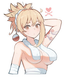 1girl arm_tattoo bandaged_arm bandages blonde_hair breasts commentary cropped_torso genshin_impact hair_ornament large_breasts looking_at_viewer nearly_naked_towel orange_eyes parted_lips simple_background solo tattoo valenthania white_background yoimiya_(genshin_impact)
