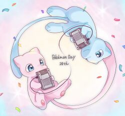 alternate_color anniversary aqua_eyes blush closed_mouth commentary_request confetti copyright_name game_boy game_link_cable gen_1_pokemon handheld_game_console highres holding holding_handheld_game_console ichino_cco legendary_pokemon mew_(pokemon) mythical_pokemon nintendo no_humans pokemon pokemon_(creature) rotational_symmetry shiny_pokemon smile