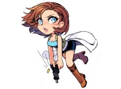 1girl almightychiru black_skirt blue_eyes boots breasts brown_boots brown_hair cleavage clothes_around_waist deformed gun handgun holding holding_gun holding_weapon jill_valentine miniskirt resident_evil resident_evil_3:_nemesis short_hair skirt sweater sweater_around_waist weapon