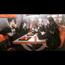 1boy 6+girls agent_(girls&#039;_frontline) architect_(girls&#039;_frontline) berezovich_kryuger_(girls&#039;_frontline) black_hair burger cellphone computer dreamer_(girls&#039;_frontline) food french_fries gager_(girls&#039;_frontline) girls&#039;_frontline judge_(girls&#039;_frontline) multiple_girls ouroboros_(girls&#039;_frontline) phone plant potted_plant reoen restaurant