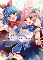 2girls :d anniversary arms_up black_cape black_shorts black_thighhighs blue_bow blue_eyes blue_hair blue_ribbon bow breasts brown_background brown_eyes cape gradient_hair hair_ribbon highres long_hair looking_at_viewer multicolored_hair multiple_girls omega_ray omega_rio omega_sisters open_mouth pink_hair red_bow red_hair red_ribbon ribbon rino_cnc shirt short_sleeves shorts siblings sisters small_breasts smile thighhighs twintails two-tone_hair virtual_youtuber white_shirt