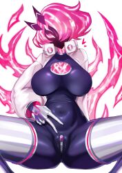 1girl absurdres bodysuit breasts cleavage_cutout clothing_cutout crotch_zipper duel_monster electricity enmo_takeshita gloves highres jacket large_breasts lightning_hair long_sleeves open_clothes open_jacket pink_hair short_hair solo spread_legs spright_carrot squatting thighhighs white_jacket yu-gi-oh! zipper