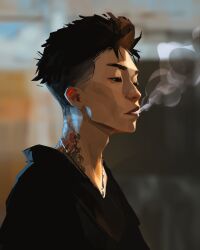 Rule 34 | 1boy, black eyes, black hair, black shirt, commentary, from side, highres, jewelry, male focus, neck tattoo, necklace, original, outdoors, profile, sam yang, shirt, short hair, smoke, smoking, solo, tattoo