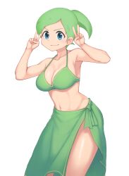 1girl armpits blue_eyes bra breasts cleavage green_bra green_hair green_sarong highres long_hair looking_at_viewer masou navel nichijou ponytail sarong shadow smile swimsuit thighs underwear v weboshii white_background