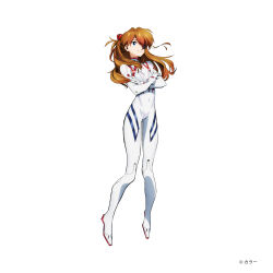1girl absurdres blue_eyes bodysuit brown_hair copyright_name covered_navel crossed_arms curvy evangelion:_3.0+1.0_thrice_upon_a_time eyepatch floating floating_hair highres interface_headset light_smile long_hair mecha_pilot_suit neon_genesis_evangelion official_art plugsuit rebuild_of_evangelion shiny_clothes solo souryuu_asuka_langley white_background white_bodysuit wide_hips