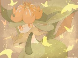1girl artist_name bright_pupils brown_background bug butterfly colored_skin crown female_focus flat_chest flower from_side gen_5_pokemon green_hair hair_flower hair_ornament highres insect lemonade_kokoi light_particles lilligant long_hair looking_back mini_crown monster_girl nintendo plant_girl plant_hair pokemon pokemon_(creature) red_eyes red_flower sidelocks signature silhouette simple_background solo standing tilted_headwear twitter_username upper_body white_pupils white_skin yellow_headwear