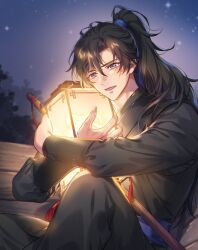 1boy absurdres black_hair black_hanfu black_pants blood blood_on_face blue_ribbon blue_sash chinese_clothes chu_wanning cowboy_shot erha_he_tadebai_mao_shizun hair_ribbon hanfu high_ponytail highres holding holding_lantern korean_commentary lantern long_hair long_sleeves looking_at_object male_focus mo_ran night night_sky open_mouth outdoors pants ponytail purple_eyes ribbon sash sitting sky smile solo star_(sky) sword tassel weapon wooden_sword zehel_az