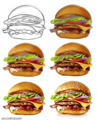 bacon bread burger cheese commentary english_commentary floortjesart food food_focus highres how_to lettuce original simple_background still_life white_background
