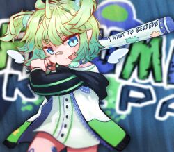 1girl alien antennae bandaid bandaid_on_face bandaid_on_nose baseball_bat blue_eyes blush bug collar detached_wings fang ferumi_kaipa gradient_hair graffiti green_hair hair_intakes highres indie_virtual_youtuber insect_wings jacket looking_at_viewer multicolored_hair petite pointy_ears ponytail short_ponytail straight-on sxxlvm thighs twintails ufo_print upper_body virtual_youtuber wings