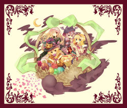 4girls alice_margatroid blonde_hair blue_eyes dress female_focus gradient_hair hairband halloween hat hijiri_byakuren kirisame_marisa long_hair multicolored_hair multiple_girls nest outdoors patchouli_knowledge pumpkin purple_eyes purple_hair short_hair sky touhou witch witch_hat yellow_eyes yuki_sasame yukkuri_shiteitte_ne