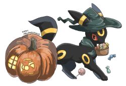 Rule 34 | animal focus, basket, candy, colored sclera, ears through headwear, eevee, food, full body, gen 1 pokemon, gen 2 pokemon, green hat, green neckerchief, happy halloween, hat, highres, holding, holding basket, jack-o&#039;-lantern, lollipop, looking at viewer, mouth hold, neckerchief, nintendo, no humans, orange sclera, pokemon, pokemon (creature), pumpkin, simple background, solo, swirl lollipop, umbreon, volpecorvo, white background, witch hat, wrapped candy