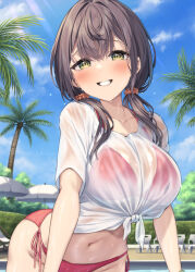 1girl bikini blush breasts brown_hair cleavage collarbone dripping green_eyes grin hair_between_eyes hair_ornament hair_scrunchie large_breasts looking_at_viewer low_twintails navel original outdoors pool red_bikini scrunchie see-through_clothes see-through_shirt sena_chifuyu shirt side-tie_bikini_bottom smile solo swimsuit swimsuit_under_clothes tied_shirt twintails upper_body wet wet_clothes wet_shirt