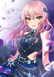 1girl arms_at_sides artist_name bare_arms bare_shoulders belt birthday black_belt black_collar black_gloves blue_dress bracelet collar commentary_request cowboy_shot dated dress english_text eyelashes falling_petals gloves gradient_background hair_ornament happy_birthday highres hip_vent idol idol_clothes idolmaster idolmaster_cinderella_girls idolmaster_cinderella_girls_starlight_stage jewelry jougasaki_mika light_smile long_hair looking_at_viewer necklace official_alternate_costume official_alternate_hairstyle open_mouth petals pink_hair purple_petals sidelocks single_glove skirt_hold sleeveless sleeveless_dress smile solo spicapix standing tongue wavy_hair yellow_eyes