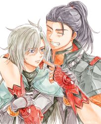 1boy 1girl a_(xenoblade) black_hair blue_eyes blush closed_eyes commentary_request grey_hair high_ponytail highres matthew_(xenoblade) metorurun ponytail simple_background smile sweat teeth upper_body white_background xenoblade_chronicles_(series) xenoblade_chronicles_3 xenoblade_chronicles_3:_future_redeemed