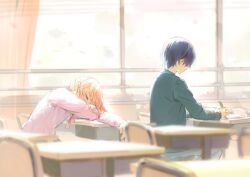 1boy 1other absurdres akiyama_mizuki amin_(aminblue) aoyagi_touya cardigan classroom closed_eyes curtains grey_jacket grey_pants highres holding holding_pen jacket long_hair long_sidelocks pants pen pink_cardigan pink_hair project_sekai short_hair sidelocks sleeping sleeping_on_desk window