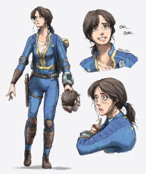 1boy 1girl absurdres blood blood_on_clothes blue_jumpsuit breasts brown_eyes brown_footwear brown_hair catchphrase clenched_teeth commentary english_commentary fallout_(prime_video) fallout grey_background highres jumpsuit long_hair low_ponytail lucy_maclean mada_fadaz multiple_views parted_bangs pip_boy ponytail severed_head shadow shirt shoes siggi_wilzig signature simple_background small_breasts teeth vault_suit white_shirt wide-eyed