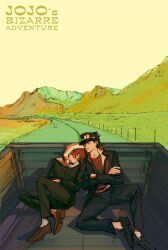 2boys belt black_hair black_hat black_jacket black_pants black_shoes blush chain closed_eyes copyright_name crossed_arms danai_ym dress_shoes gakuran hat highres jacket jojo_no_kimyou_na_bouken kakyoin_noriaki kuujou_joutarou lying lying_on_another male_focus multiple_boys pants red_hair red_shirt school_uniform shirt shoes sleeping twitter_username watermark weibo_username wide_shot yaoi
