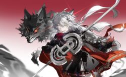 1girl :d animal_ears arknights black_dress black_gloves cape chinese_commentary commentary_request cowboy_shot dress gloves glowing glowing_eye gradient_background grey_eyes hair_between_eyes hair_ornament hairclip hewu639356 highres holding holding_weapon lappland_(arknights) lappland_the_decadenza_(arknights) long_hair long_sleeves looking_at_viewer open_mouth pleated_dress red_background red_cape red_gloves scar scar_across_eye scar_on_face smile solo spirit standing teeth upper_teeth_only weapon white_background white_hair wolf_ears wolf_girl