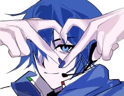 Rule 34 | 1boy, arms up, blue eyes, blue hair, blue nails, blue scarf, commentary, eyelashes, finger heart, hair over one eye, headset, kaito (vocaloid), kashi030102, looking at viewer, male focus, nail polish, one eye covered, popped collar, scarf, simple background, sketch, solo, symbol-only commentary, upper body, vocaloid, white background