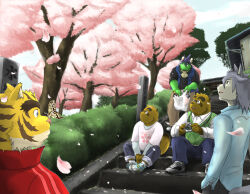 5boys animal_ears bug butterfly butterfly_on_nose cherry_blossoms commentary_request dog_boy dog_ears dog_tail dragon_boy dragon_horns falling_petals furry furry_male hachimaki hanami headband horns insect kounosuke_kuri kouya_aotsuki male_focus morenatsu multiple_boys nejiri_hachimaki petals poge_jirushi raccoon_boy raccoon_ears raccoon_tail sitting sitting_on_stairs stairs tail tatsuki_midoriya tiger_boy tiger_ears tiger_stripes torahiko_oshima yukiharu_kuri