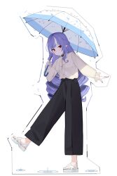 1girl absurdres alternate_costume black_choker black_nails black_pants blue_umbrella choker drill_hair full_body highres holding holding_umbrella long_hair long_sleeves looking_at_viewer mole opm7760 pants pointy_ears purple_hair red_eyes shirt_tucked_in shoes smile solo twin_drills umbrella vivian_banshee white_shoes zenless_zone_zero