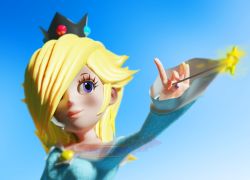 1girl 3d aqua_dress blender_(medium) blonde_hair blue_background dress gradient_background mario_(series) nintendo paraspikey rosalina solo super_mario_galaxy tiara