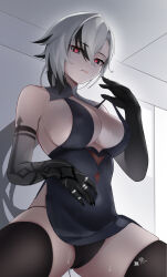 1girl absurdres arlecchino_(genshin_impact) black_eyes black_hands black_thighhighs breasts colored_extremities fnndsk1013 genshin_impact glowing glowing_eyes gradient_skin highres multicolored_hair streaked_hair suggestive_fluid symbol-shaped_pupils thighhighs thighs white_hair x-shaped_pupils