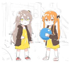 2girls :3 ball brown_eyes brown_hair commentary_request girls&#039;_frontline grey_hair highres jacket looking_at_viewer multiple_girls playground shinoe_nun shoes siblings side_ponytail sisters slide sneakers swing_set twins twintails ump45_(girls&#039;_frontline) ump9_(girls&#039;_frontline) yellow_eyes aged_down