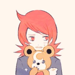 Rule 34 | bear, blue eyes, brown fur, cowlick, gen 2 pokemon, holding, holding pokemon, long hair, looking at viewer, lowres, male focus, nintendo, pokemon, pokemon (creature), pokemon hgss, red eyes, red hair, ryokuno green, silver (pokemon), simple background, sweatdrop, teddiursa, upper body, white background