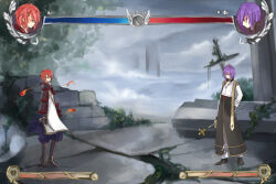 Rule 34 | 2boys, arch bishop (ragnarok online), armor, black coat, black shoes, brick wall, broken wall, closed mouth, cloud, coat, commentary request, crescent, crescent hair ornament, cropped jacket, cross, cross of prontera, dagger, expressionless, fake screenshot, fighting game, full body, grey sky, hair ornament, health bar, holding, holding dagger, holding knife, holding staff, holding weapon, jacket, japanese armor, japanese clothes, kagerou (ragnarok online), kimono, knife, kote, kurokote, long sleeves, looking at another, male focus, moss, multiple boys, overcast, pants, pink hair, purple hair, ragnarok online, ruins, shoes, short hair, sky, staff, standing, wane (ruki), weapon, white jacket, white kimono, white pants