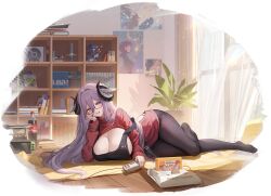 1girl apron artist_request azur_lane black-framed_eyewear black_apron black_horns black_panties black_pantyhose blush book bottle breasts cleavage cola controller curled_horns curtains framed_breasts friedrich_carl_(a_game_of_love)_(azur_lane) friedrich_carl_(azur_lane) game_cartridge game_console game_controller hair_between_eyes has_a_figure head_tilt highres holding holding_controller holding_game_controller horns huge_breasts indoors long_bangs long_hair long_hair_between_eyes long_sleeves looking_at_viewer lying manga_(object) mature_female mole mole_on_breast mole_under_mouth nail_polish non-web_source official_alternate_costume official_art on_floor on_side open_mouth panties pantyhose plant poster_(object) potted_plant purple_eyes purple_hair red_sweater see-through_curtains semi-rimless_eyewear shelf smile solo sweater underwear very_long_hair