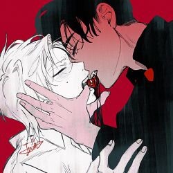 Rule 34 | 01tiyk, 2boys, alien stage, black blood, black hair, black shirt, blood, blood from mouth, closed eyes, collared shirt, commentary, hand on another&#039;s face, heart, highres, ivan (alien stage), kiss, male focus, multiple boys, partially colored, red background, shirt, signature, simple background, symbol-only commentary, till (alien stage), yaoi