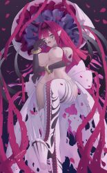 1girl absurdres arm_under_breasts baobhan_sith_(fate) baobhan_sith_(third_ascension)_(fate) boots bracelet breasts detached_sleeves eeyoosekedooaat fangs fate/grand_order fate_(series) frilled_hat frills grey_eyes hand_up hat highres jewelry long_hair looking_at_viewer navel nipples nude open_mouth pink_hair platform_boots platform_footwear platform_heels pointy_ears sidelocks smile solo spiked_boots spiked_bracelet spikes thigh_boots white_hat