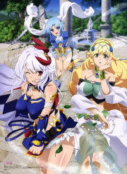 10s 3girls :o absurdres blonde_hair blue_eyes blue_hair blush breasts covered_erect_nipples detached_sleeves eleonora_viltaria girls_mate green_eyes hand_on_own_cheek hand_on_own_face highres large_breasts leaf long_hair ludmila_lourie madan_no_ou_to_vanadis midriff multiple_girls non-web_source official_art one_eye_closed open_mouth panties red_eyes short_hair silver_hair sky sofya_obertas underwear very_long_hair yoshida_yuuichi
