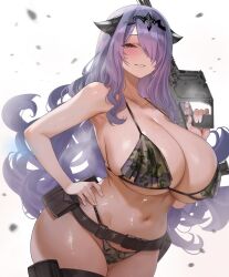 1girl alternate_costume belt bikini blush breasts camilla_(fire_emblem) camouflage camouflage_bikini curvy fire_emblem fire_emblem_fates gun hair_over_one_eye hand_on_own_hip highres holding holding_gun holding_weapon horns huge_breasts kriss_vector long_hair looking_at_viewer navel nintendo one_eye_covered parted_lips pink_eyes purple_hair simple_background skindentation smile solo stomach submachine_gun swimsuit teddypocky underboob weapon white_background