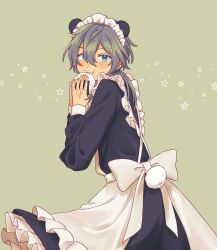 1boy :i alternate_costume animal_ears apron back_bow black_dress bow cowboy_shot crossdressing dress eating enmaided ensemble_stars! food food_on_face frilled_apron frilled_dress frilled_hairband frills from_side green_background hair_over_shoulder hairband hands_up highres holding large_bow layered_dress light_blush long_sleeves looking_at_viewer maid male_focus onigiri otabe_(g0hanpanmen) panda_ears rabbit_tail shiina_niki sleeve_cuffs solo split_mouth tail tank_top two-handed white_apron white_bow white_hairband wind