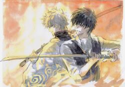 2boys ascot back-to-back black_hair black_vest bokken from_behind gintama high_collar highres hijikata_toushirou holding holding_sword holding_weapon japanese_clothes katana kimono looking_at_another lushu_kuye multiple_boys sakata_gintoki shirt sleeves_rolled_up sword vest weapon white_hair white_kimono white_shirt wooden_sword
