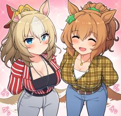 2girls :d ^_^ afterimage animal_ears belt belt_buckle black_belt blue_eyes blue_pants blush breasts brown_belt brown_hair brown_shirt buckle cleavage closed_eyes closed_mouth commentary_request denim durandal_(umamusume) facing_viewer gradient_background grey_hair grey_pants hair_between_eyes hair_ornament highres horse_ears horse_girl horse_tail jeans large_breasts looking_at_viewer multicolored_hair multiple_girls open_mouth pants pink_background plaid_clothes plaid_skirt ponytail red_shirt shirt skirt smile sparkle_background star_(symbol) star_hair_ornament striped_clothes striped_shirt taiki_shuttle_(umamusume) tail tail_wagging takiki two-tone_hair umamusume vertical-striped_clothes vertical-striped_shirt white_background