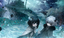 1boy 1girl angel31424 aqua_eyes artist_name black_eyes black_hair black_necktie black_sclera blush cape city cliff cloak cloud colored_sclera etihw flower funamusea fur_trim gem grass grey_hair haiiro_teien happy horns kcalb long_sleeves necktie open_mouth outdoors pale_skin path road short_hair sidelocks signature sky sparkle star_(sky) starry_sky tower tree
