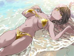 1girl beach bikini blue_archive breasts dark-skinned_female dark_skin gold_bikini golden_week golden_week_bikini haimura_kiyotaka halo karin_(blue_archive) large_breasts long_hair looking_at_viewer navel partially_submerged purple_halo satin_bikini shiny_swimsuit solo stomach swimsuit water wet yellow_bikini yellow_eyes