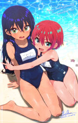 2girls amate_yuzuriha aqua_eyes artist_name black_hair blue_one-piece_swimsuit breasts commentary copyright_name dark-skinned_female dark_skin english_text fang green_eyes gundam gundam_gquuuuuux hair_between_eyes highres hug long_hair looking_at_viewer multiple_girls name_tag nyaan_(gundam_gquuuuuux) one-piece_swimsuit red_hair school_swimsuit short_hair sitting skin_fang small_breasts soutou swimsuit thank_you twitter_username v wariza water