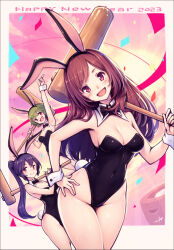 2023 3girls animal_ears black_bow black_bowtie black_leotard bow bowtie breasts brown_hair chinese_zodiac cleavage commentary_request cowboy_shot detached_collar gogatsu_no_renkyuu green_hair happy_new_year highres holding holding_mallet kine leotard long_hair looking_at_viewer mallet medium_breasts multiple_girls nengajou new_year original playboy_bunny ponytail purple_hair rabbit_ears rabbit_tail red_eyes short_hair smile tail wrist_cuffs year_of_the_rabbit