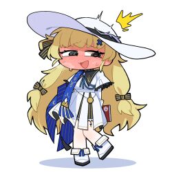 1girl arms_behind_back black_eyes blonde_hair blue_sash blush book boots chibi commentary_request dress full-face_blush full_body hair_ornament hair_ribbon hat holding holding_book korean_commentary long_hair open_mouth phoebe_(wuthering_waves) ribbon sash simple_background solo standing sweat tacet_mark_(wuthering_waves) teeny_(nonzone) very_long_hair white_background white_boots white_dress white_hat wuthering_waves x_hair_ornament