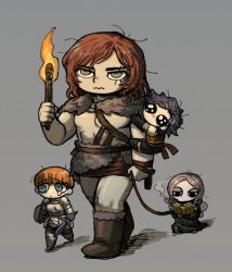 Rule 34 | 1girl, 3boys, armor, barbarian, black hair, book, boots, brown boots, brown hair, cahara (fear &amp; hunger), chibi, closed mouth, d&#039;arce (fear &amp; hunger), deformed, enki (fear &amp; hunger), fear &amp; hunger (series), fear &amp; hunger 1, fur-trimmed boots, fur trim, green eyes, grey background, holding, holding book, holding leash, holding shield, holding sword, holding torch, holding weapon, knight, leash, male focus, multiple boys, o-ring, open book, orange hair, ragnvaldr (fear &amp; hunger), reading, red hair, shield, simple background, sm2 hokke, smoking, smoking pipe, sword, torch, walking, weapon