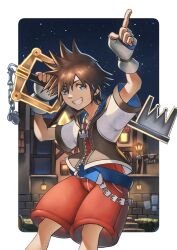 1boy belt blue_belt blue_eyes border brick_wall brown_hair chain chain_necklace cowboy_shot cropped_jacket fingerless_gloves gloves grin highres jewelry keyblade kingdom_hearts lamppost looking_at_viewer male_focus necklace night night_sky over_shoulder overalls pointing pointing_up red_overalls short_hair sky smile solo sora_(kingdom_hearts) spiked_hair star_(sky) starry_sky teeth town weapon weapon_over_shoulder white_border white_gloves zupakyo